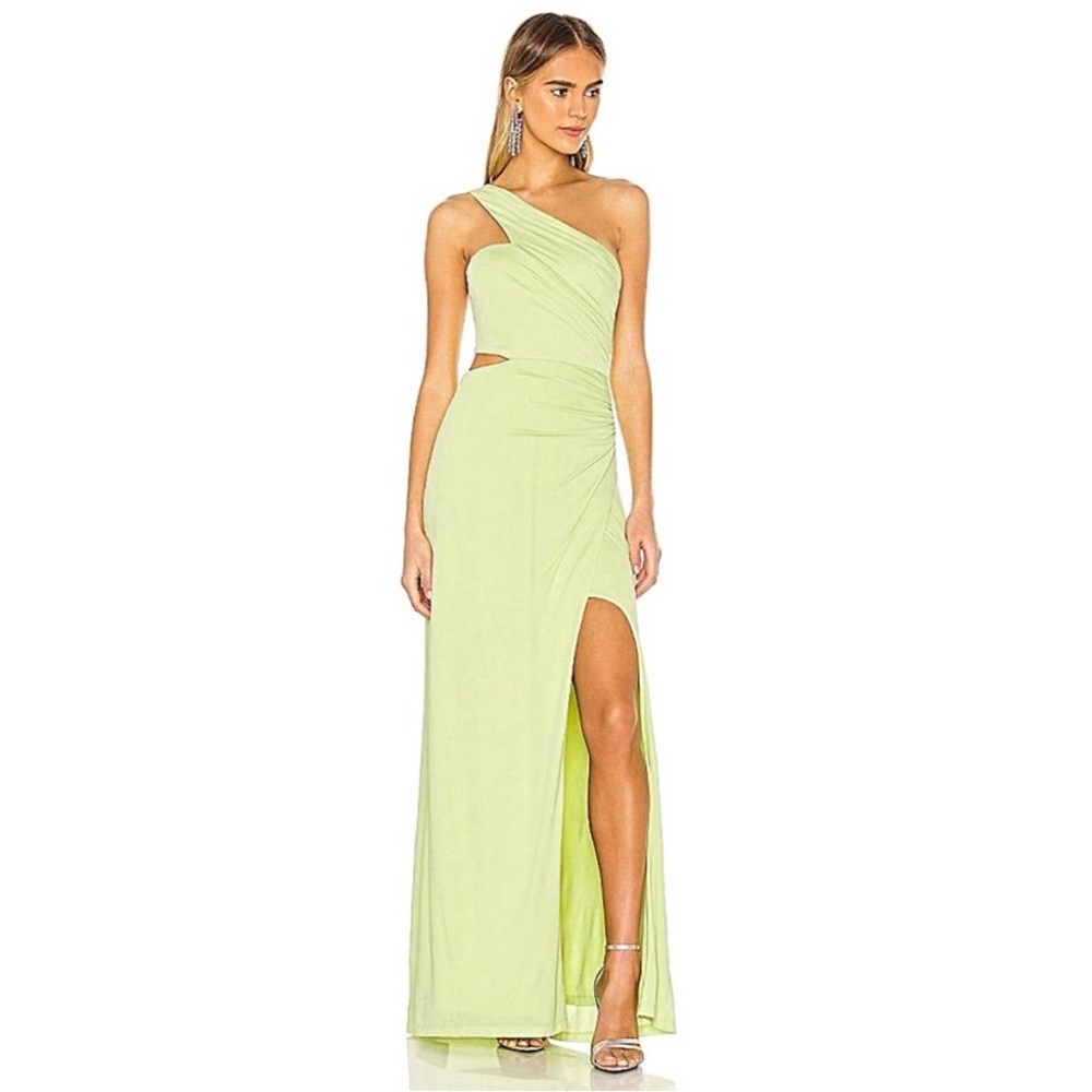 BCBGMAXAZRIA Ruched Cut-Out One-Shoulder Gown in Lime Sherbet